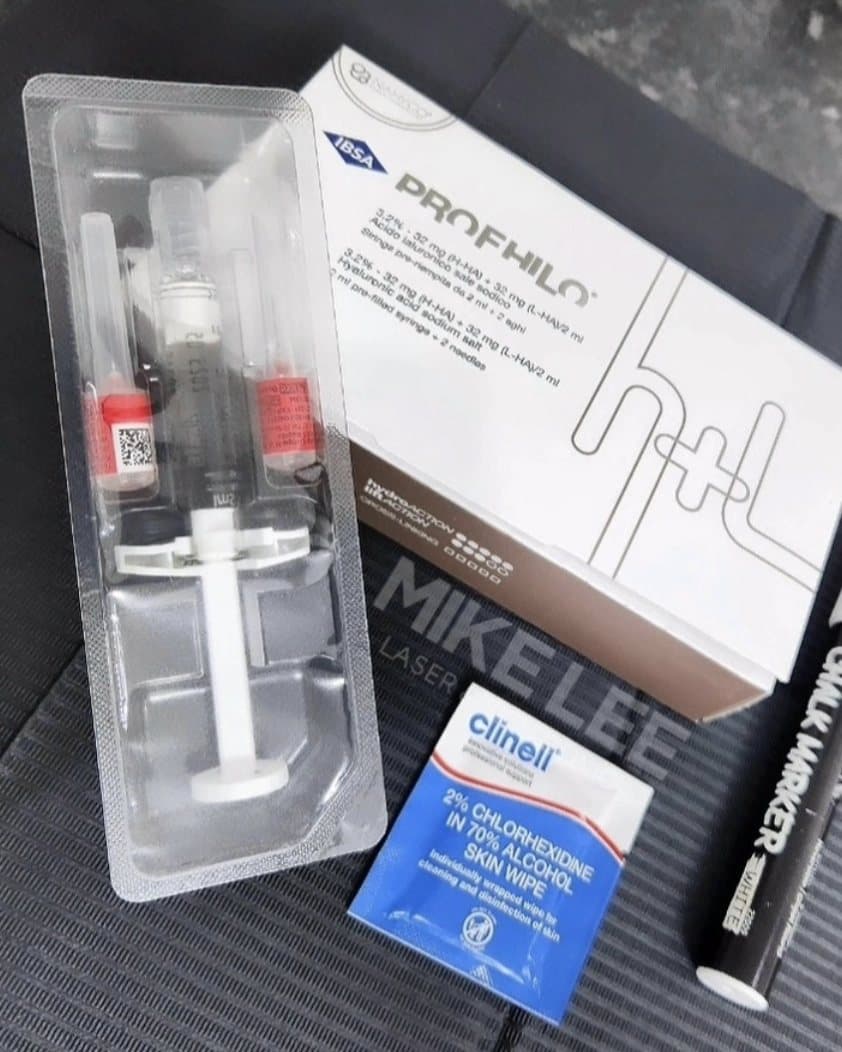 A Profhilo pack and syringe on the treatment couch at Mike Lee Laser & Skin Clinic