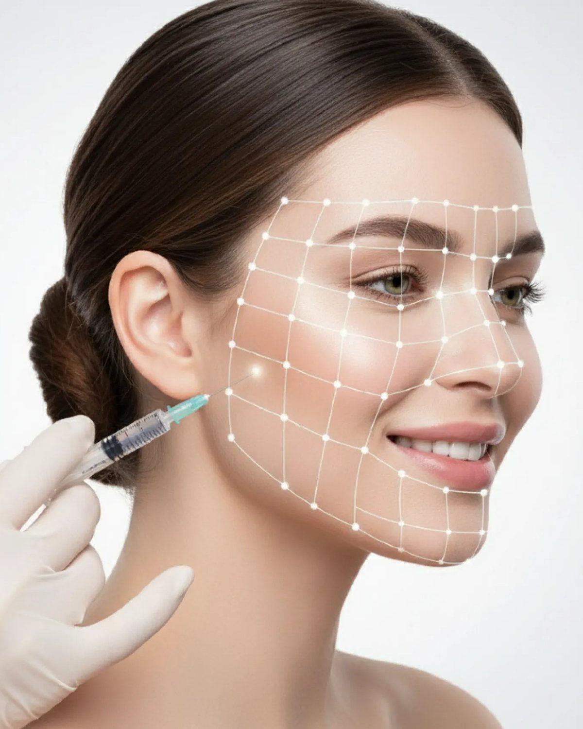A client with injection points marked on the face and a syringe at the cheek at Mike Lee Laser & Skin Clinic